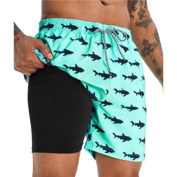 Men's Swim Trunks with Compression Liner 5 Inch Bathing Suit Summer Beach Shorts - Picture 1 of 6